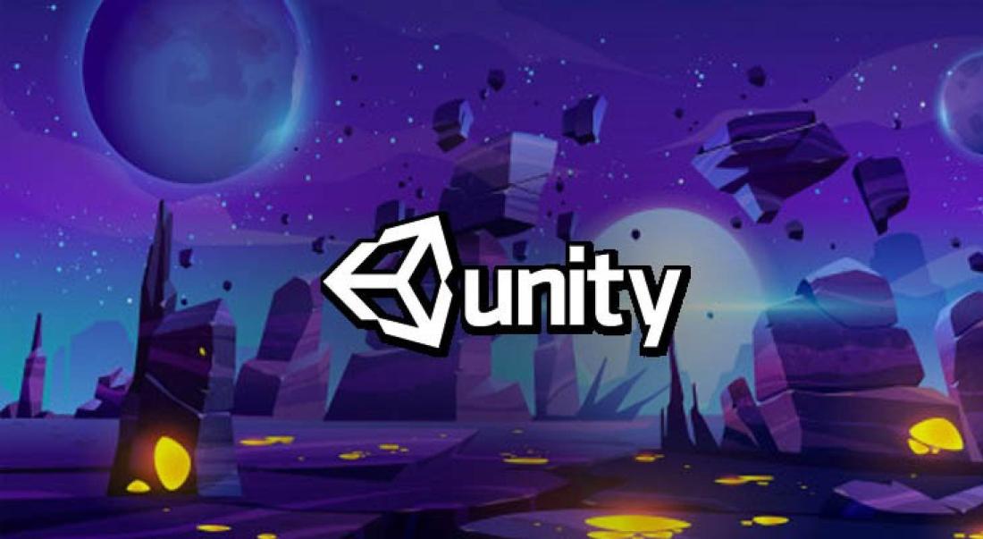 A purple planet background with the Unity Engine logo in front.