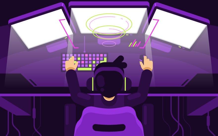 Stock art image showing a person at a computer making video games.